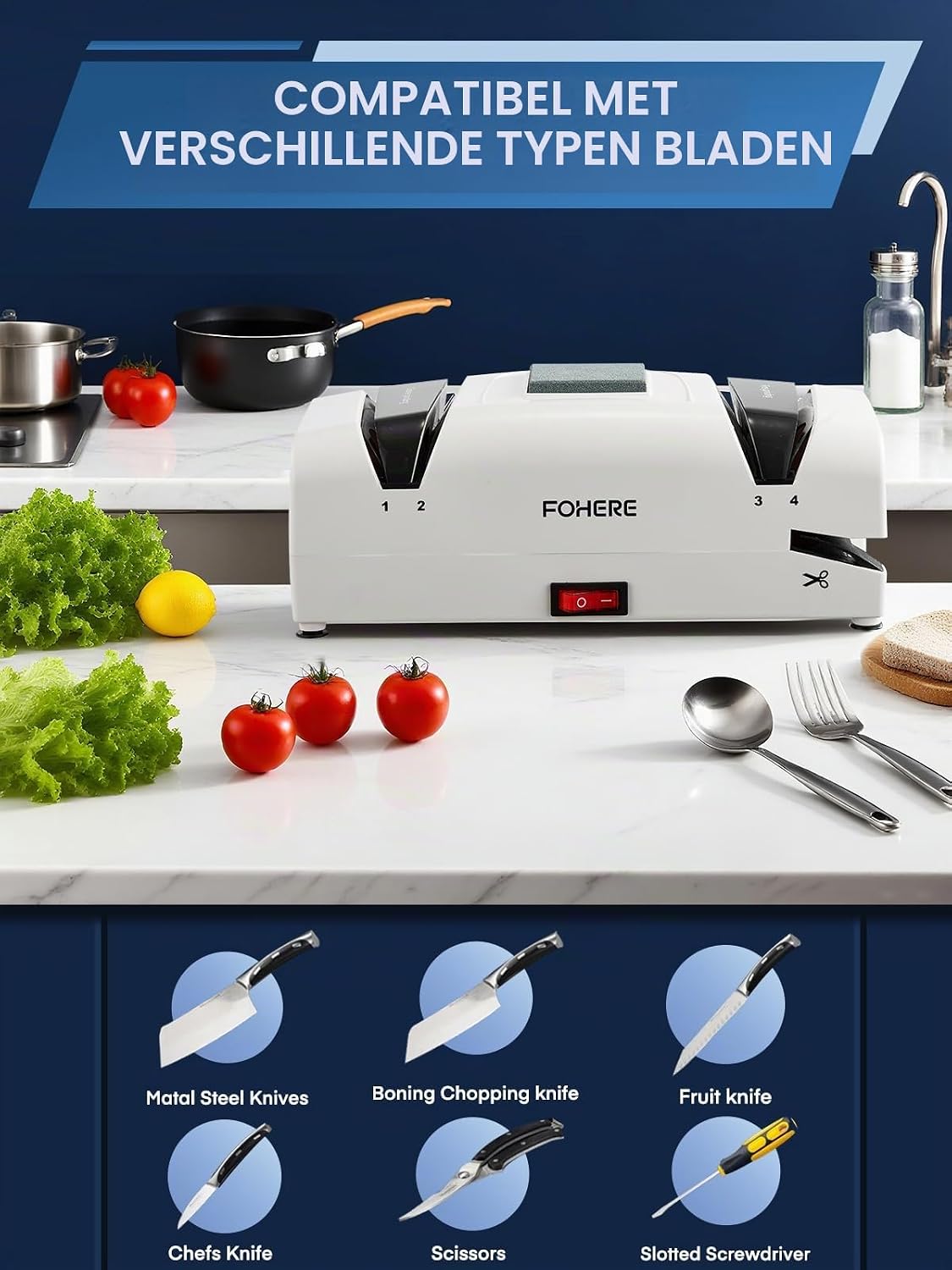 Detalle 2 de FOHERE MTKN-001 elektrische messenslijper 5-in-1 met diamant en 15°