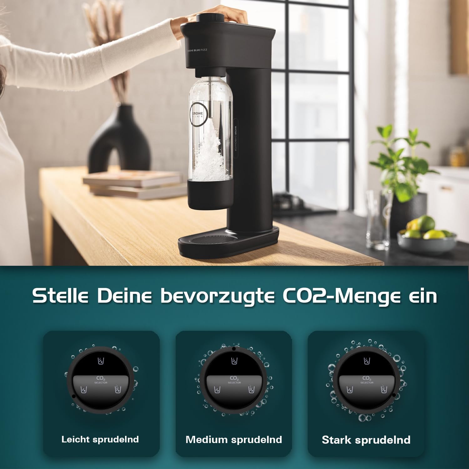 Detalle de GROHE Blue Fizz Wassersprudler Starter Set – Schwarz (Modell 31943K00)