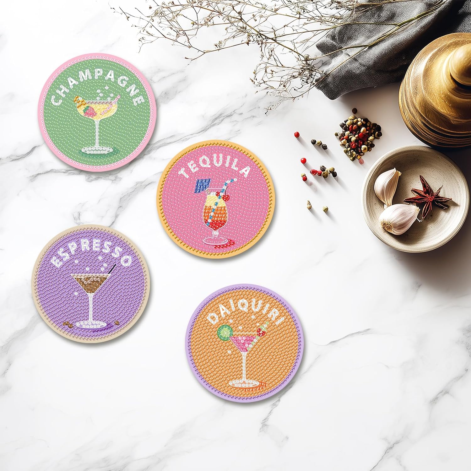 Detalle 1 de hkejoi BDWY205 Cocktail Diamond Art Coaster Kit, 8 Wood Coasters with Stand