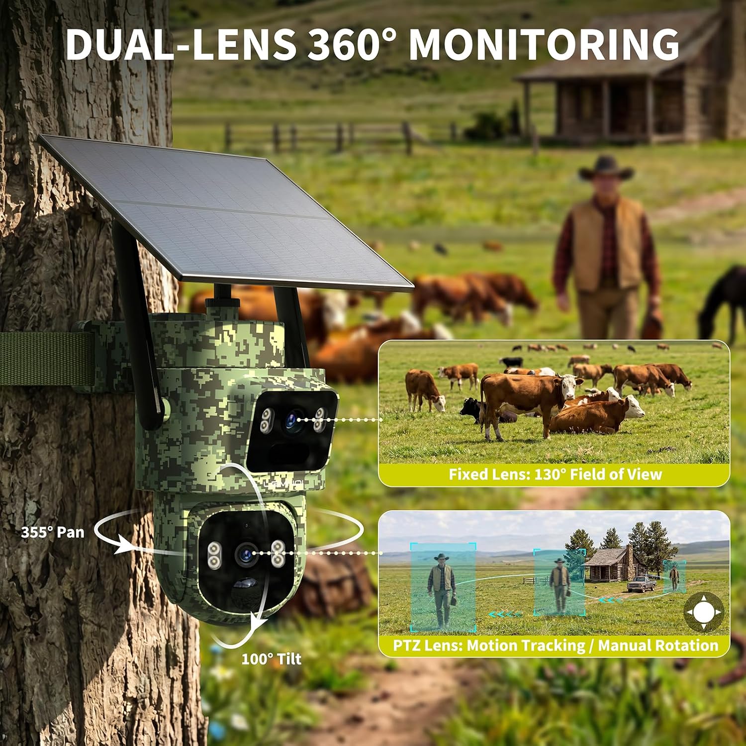 Detalle de Lemnoi 4G-jachtcamera met dubbele lens, zonnepaneel en 2K-nachtzicht