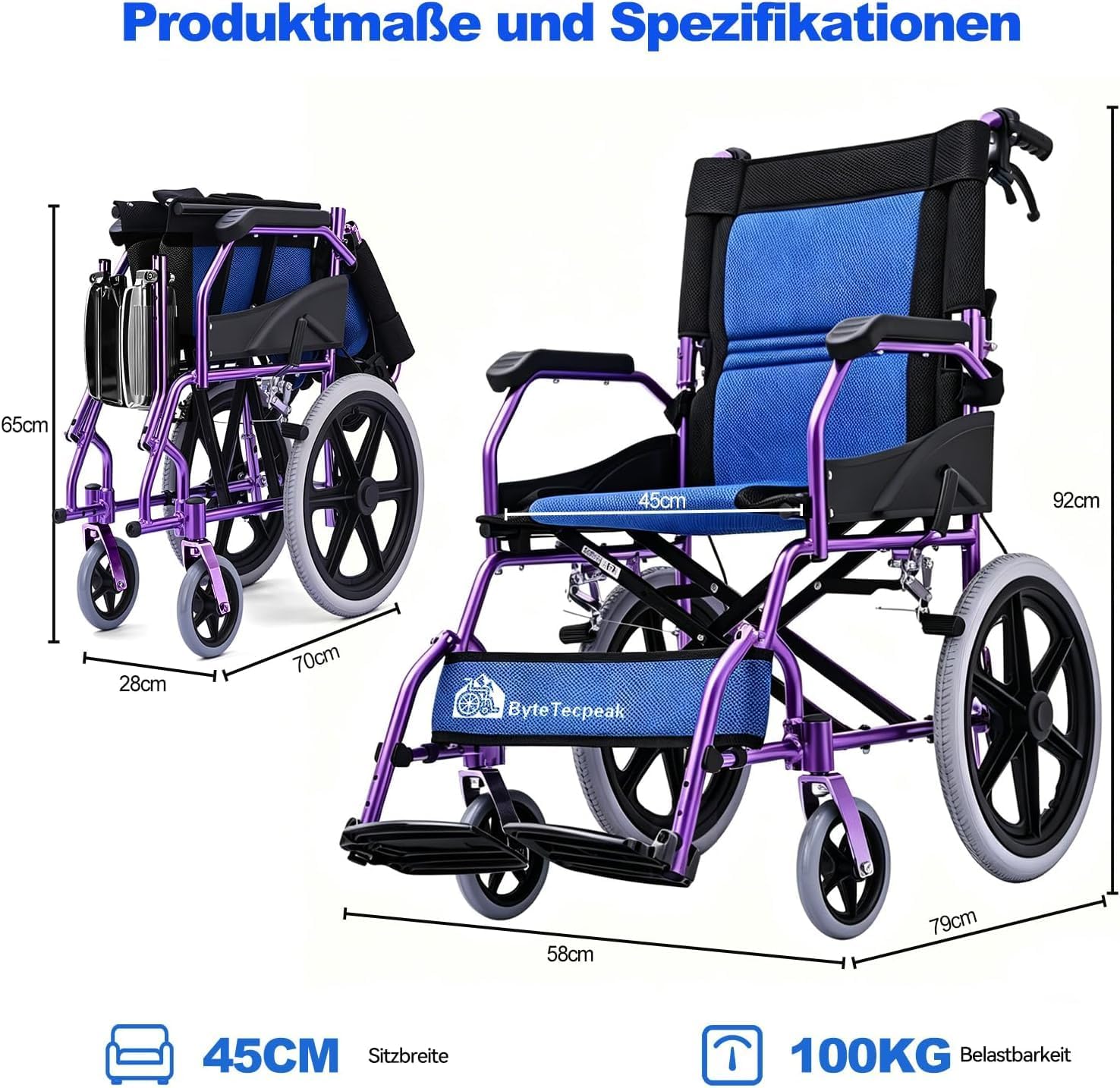 Detalle 2 de ByteTecpeak M3 Ultraleicht Rollstuhl – faltbar, 10 kg, Sitzbreite 45 cm, blau