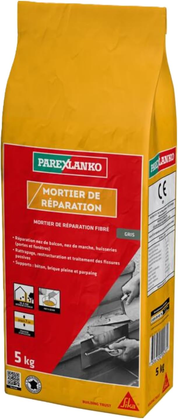 Parexlanko Mortier de Réparation Prêt à gâcher Fibré – Réparation nez de balcon, nez de marche, huisseries, rebouchage de saignées et fissures