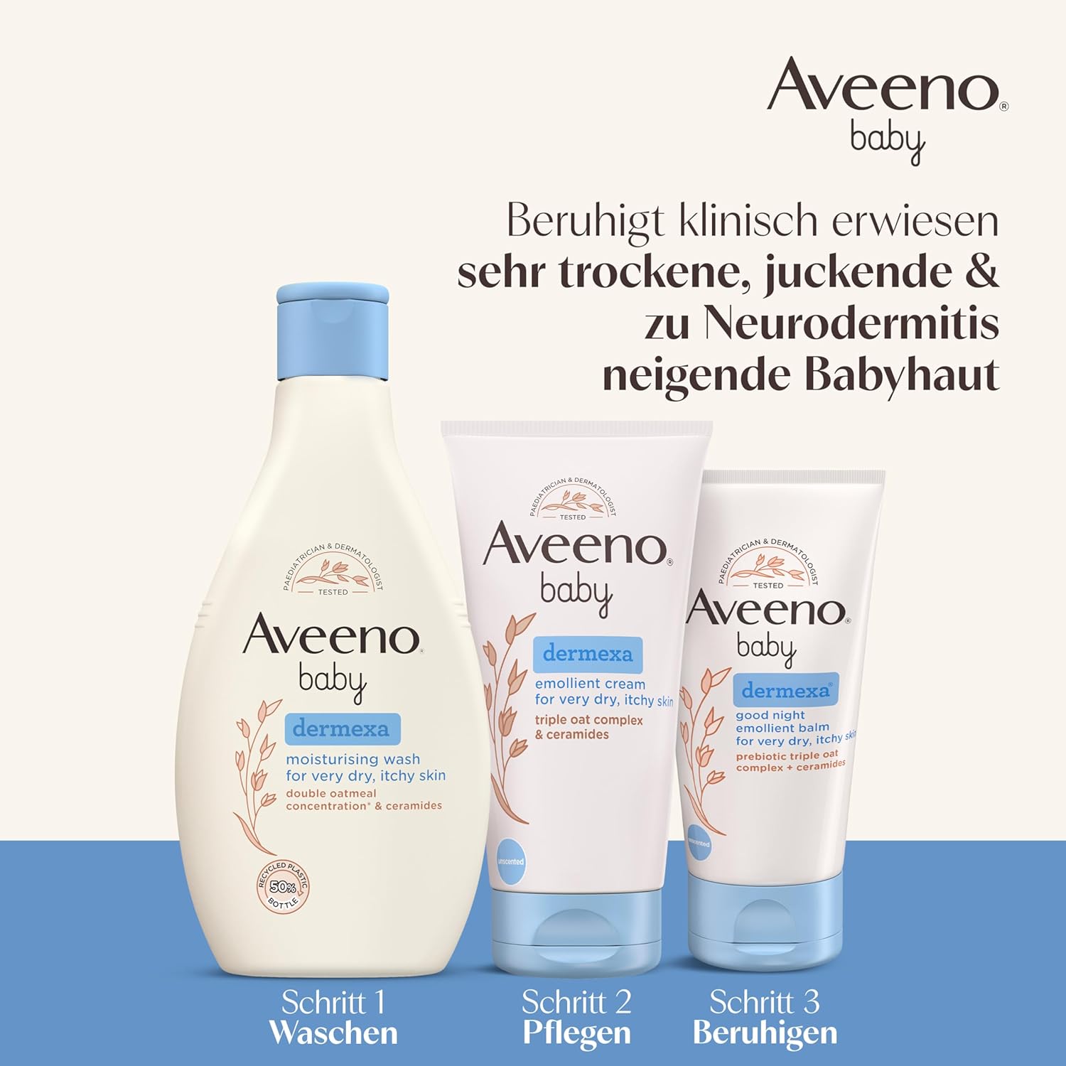 Detalle 2 de Aveeno baby dermexa Emollientien Creme mit präbiotischem Hafermehl, Ceramiden & Panthenol (150 ml) für sehr trockene, juckende Haut