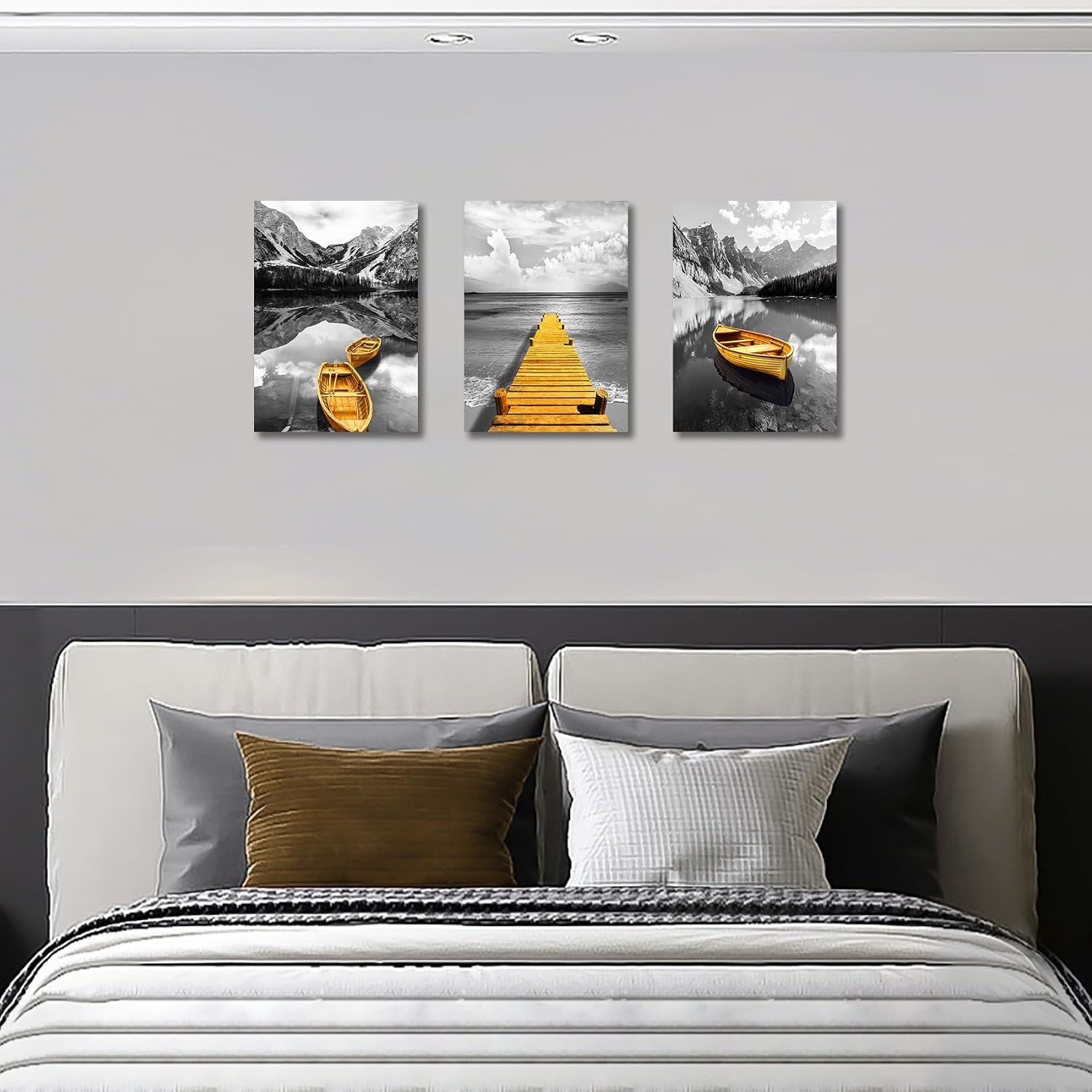 Detalle de HALFLEMART 3-teiliges Grau-Gold Rahmen-Leinwandbild: Berg- und Seepanorama, 90x40 cm