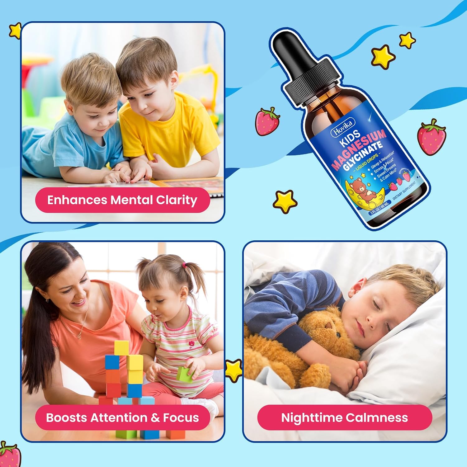 Detalle 2 de Hovika Kids Magnesium Glycinate Liquid Drops with L-Theanine, Omega-3 & Strawberry Flavor