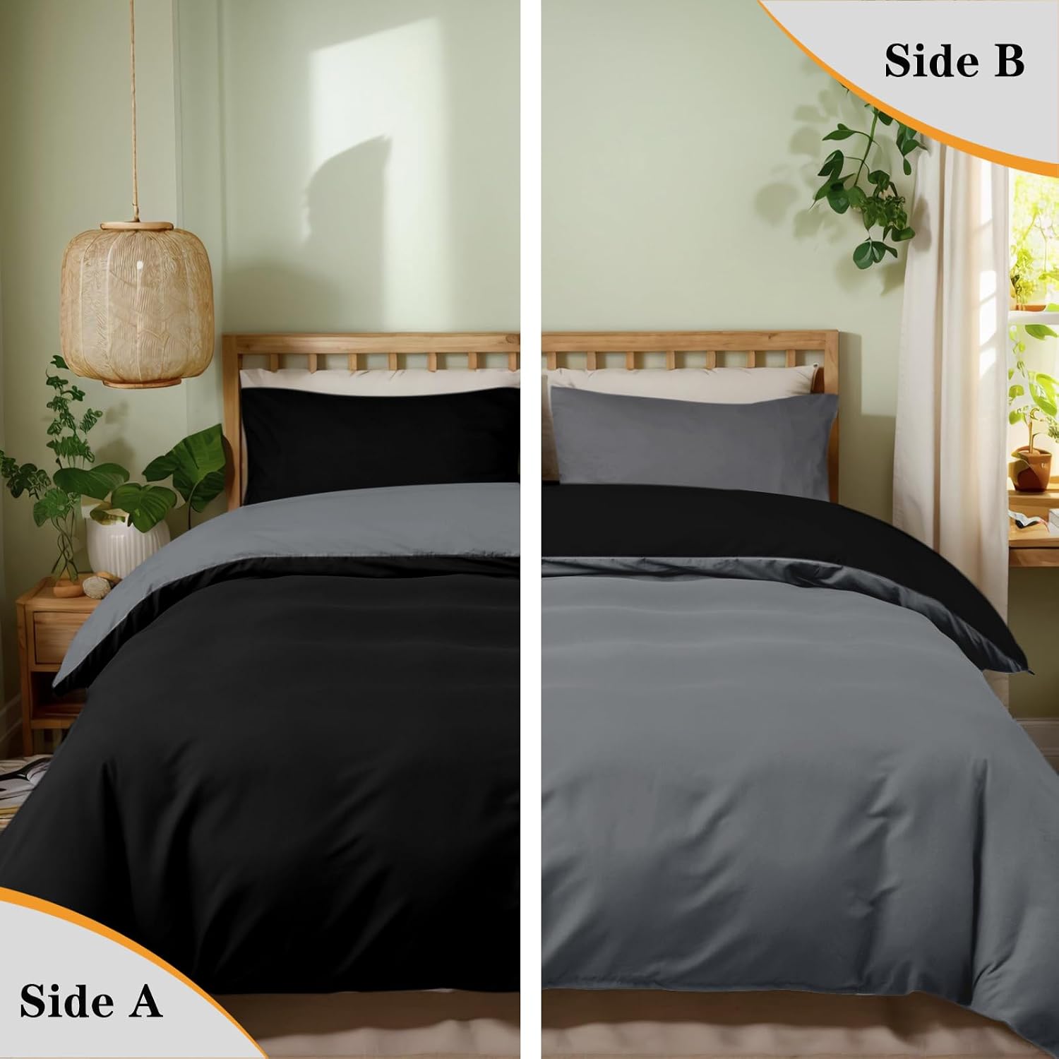 Detalle 2 de MIKI WELL King Size Reversible Duvet Cover Set (3 pcs) in Black & Grey with Hidden Zipper + Corner Ties