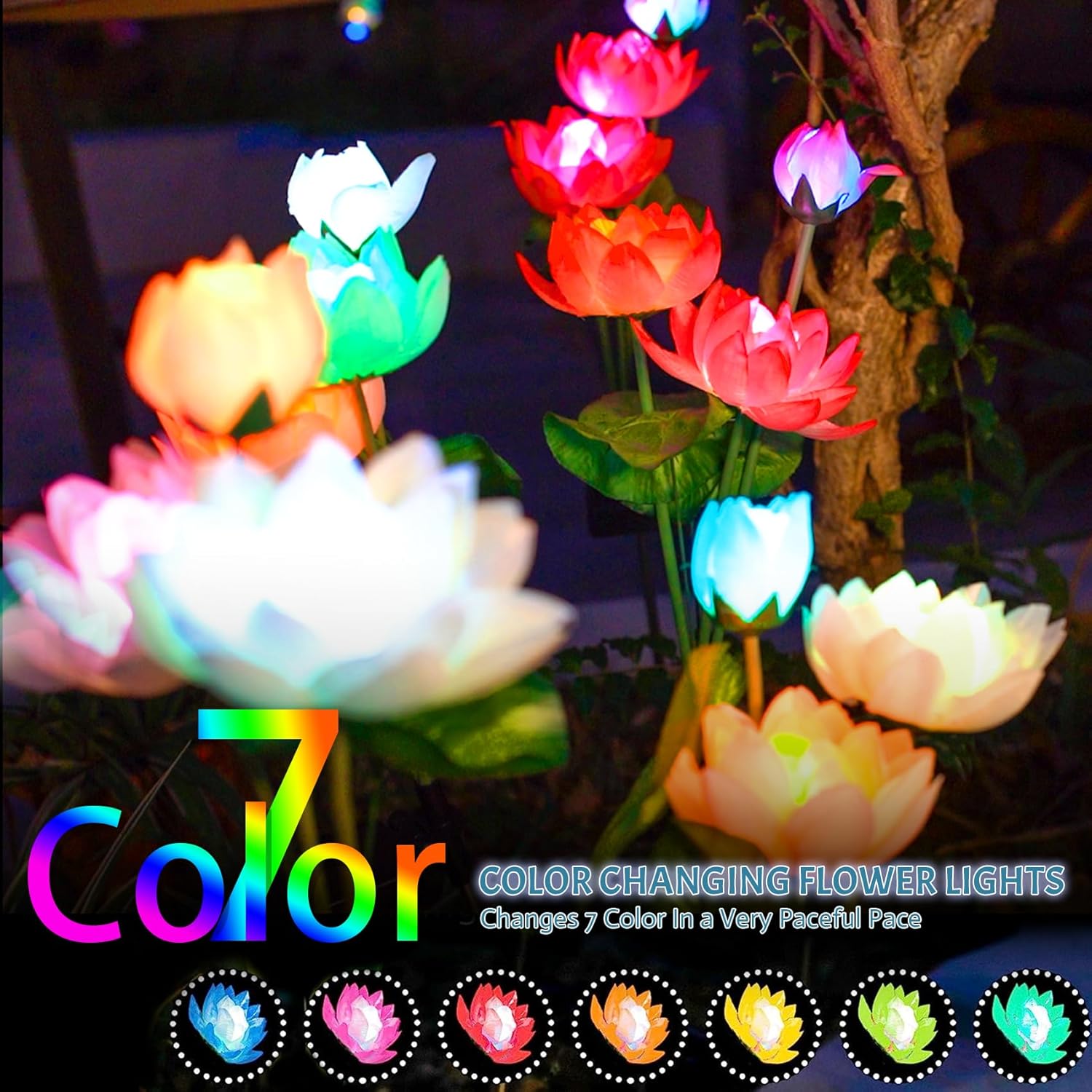Thumbnail 2 de Solar Garden Lights 2-Pack – 7-Colour Changing Lotus Lights with Bigger Solar Panel (Outdoor Yard & Garden Decor)