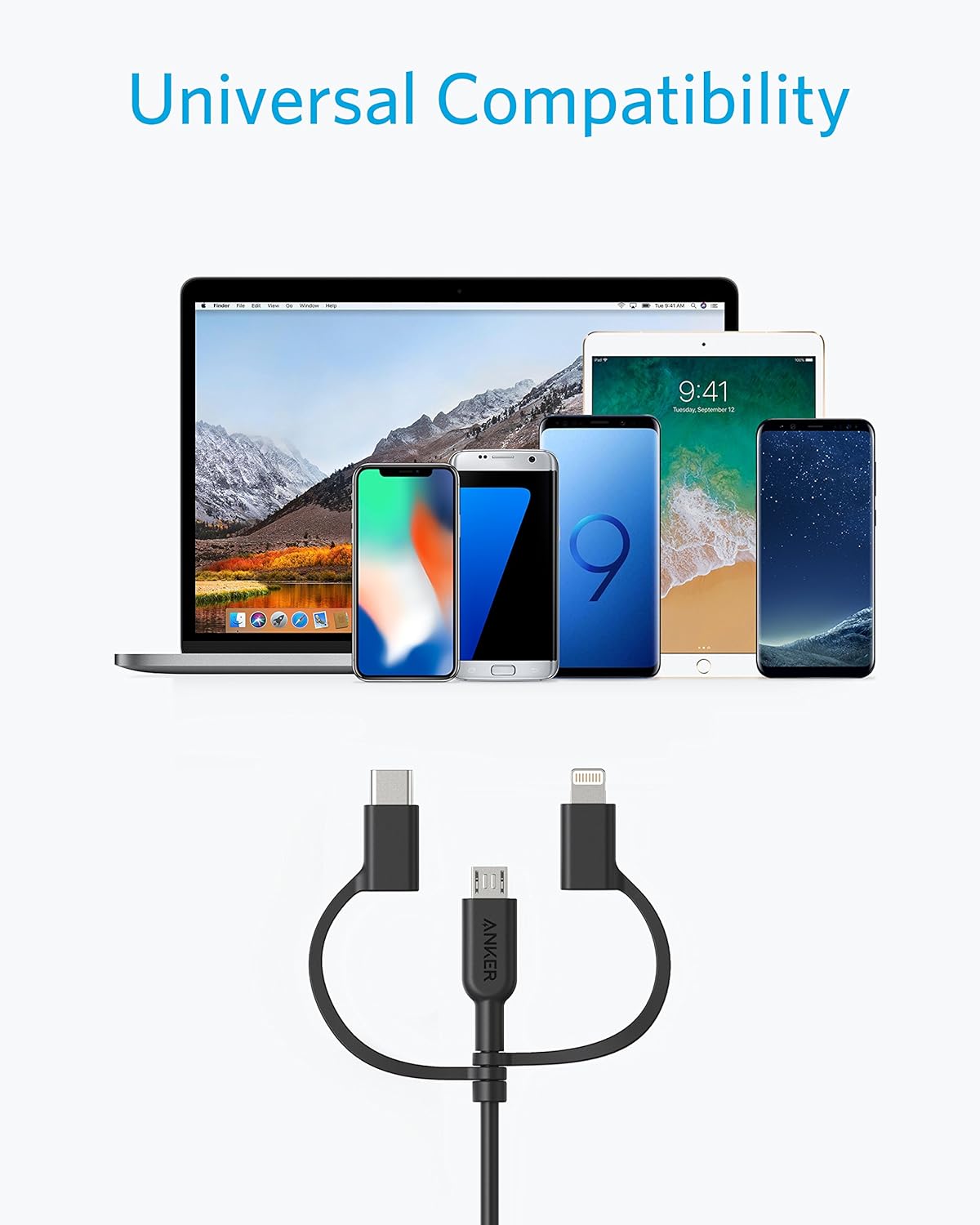 Thumbnail 2 de Anker PowerLine II 3-in-1 Cable (Lightning/USB-C/Micro USB), 3ft, Black