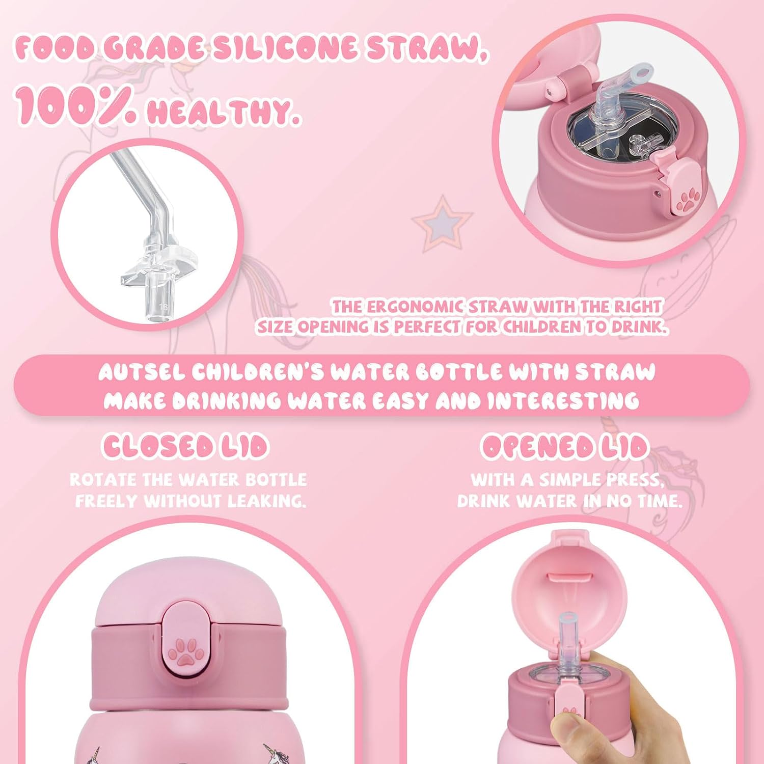 Detalle de Autsel 500ml Borraccia Bambini con cannuccia: borraccia in acciaio inox con doppia parete e silicone