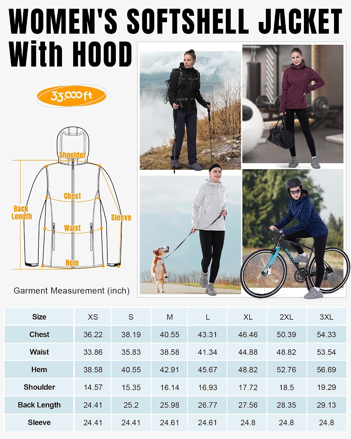 Detalle de 33,000ft Women's Softshell Jacket, Lightweight Windproof Rain Jacket with Hood