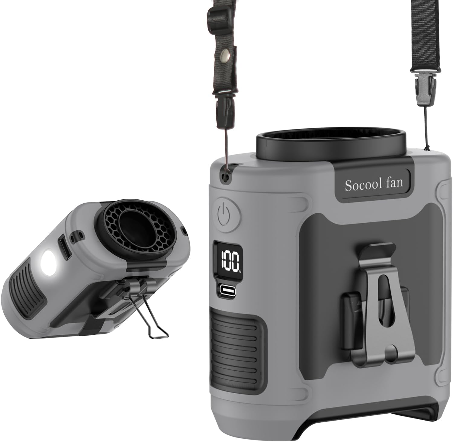 SoCool 10000mAh Portable Waist Fan (Clip-On, Hands-Free) with 5 Speeds & Flashlight, Rechargeable Gray