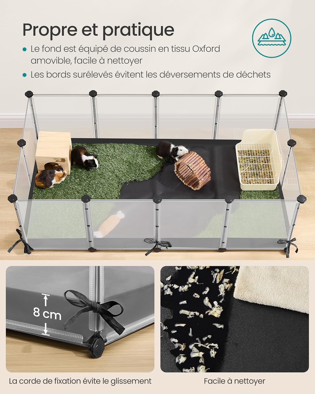 Detalle de SONGMICS Parc Enclos pour Petits Animaux — Enclos modulable 144 x 74 x 47 cm, Blanc Nuage LPC015W01