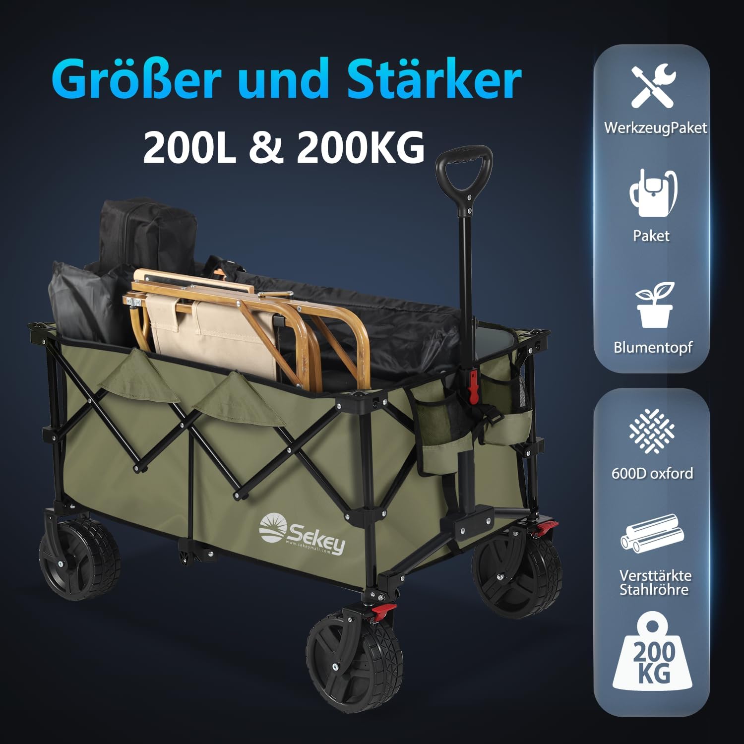 Thumbnail 1 de Sekey XXL Plus Bollerwagen Faltbar mit Bremsen 200L/200KG – All-Terrain, Vier Richtungen zusammenfaltbar
