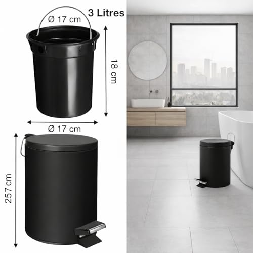 Detalle de MSV Poubelle Cosmétique de Salle de Bain en Acier Inoxydable, Seau Intérieur Amovible, Ø3L, Noir Mat