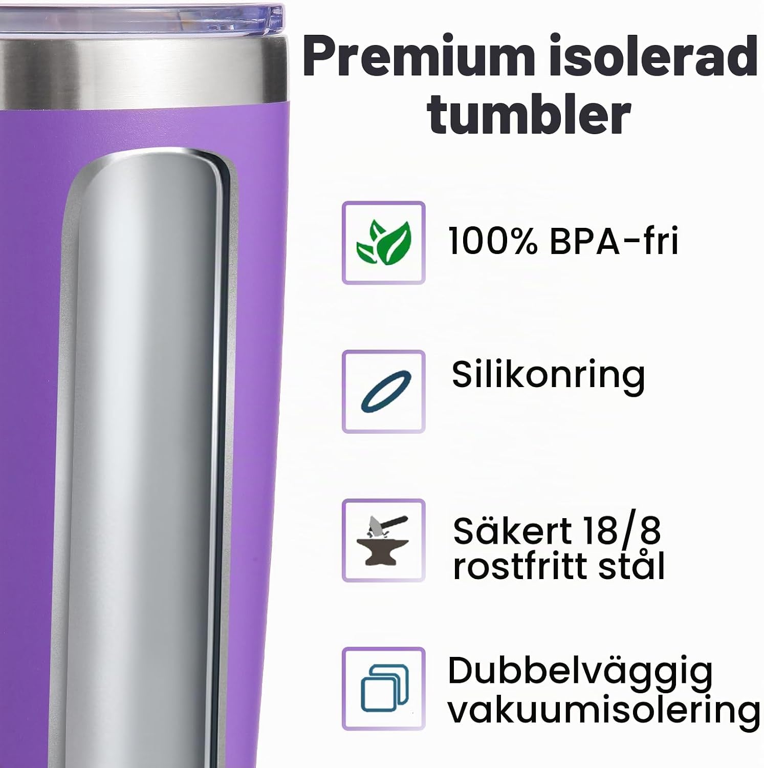 Detalle de Volhoply isolerade muggar i rostfritt stål, lila 4-pack med lock och sugrör