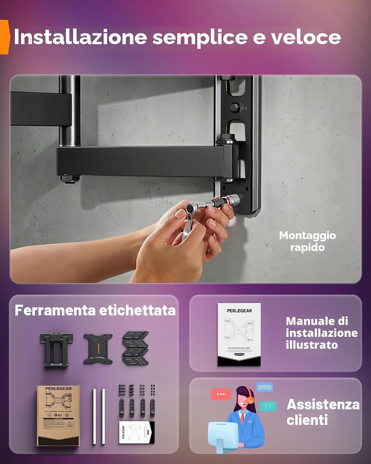 Thumbnail 6 de Perlegear PGTVM79B: Supporto TV a parete con barra LED 25–60'' e illuminazione sincronizzata
