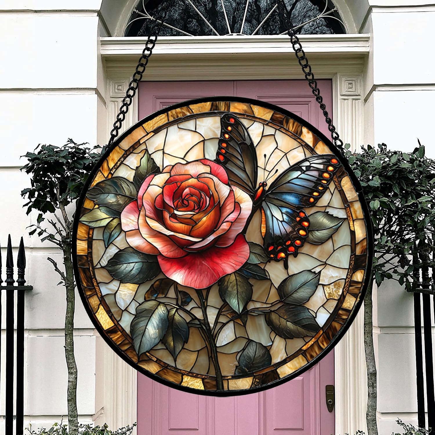 Detalle 2 de HWRHTR Stained Glass Window Hanging, Red Rose & Black Butterfly Suncatcher, 6.3 x 6.3 in