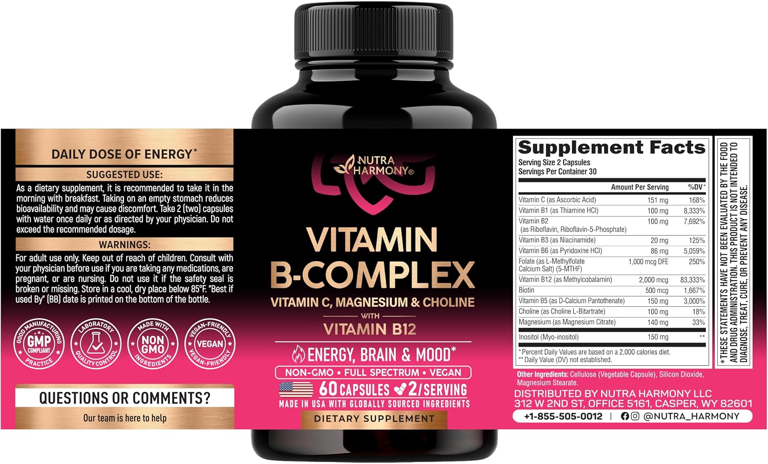 Detalle de NUTRAHARMONY NH-BCMPLXCPS60 Vitamin B Complex, Methylated B12, 60 Capsules
