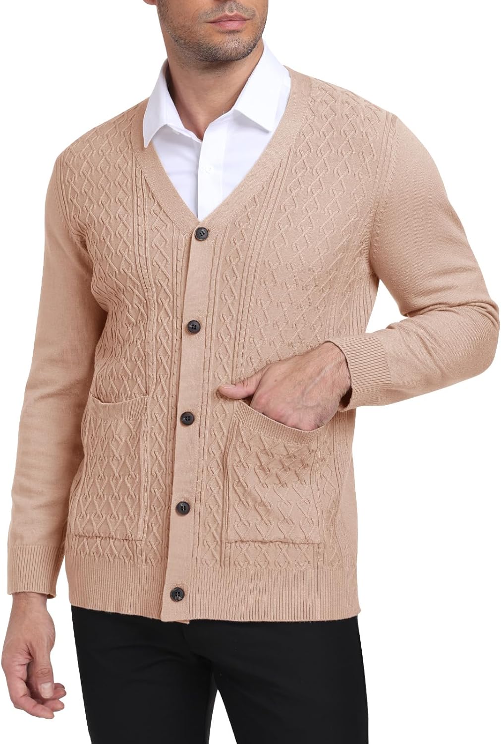 Detalle 2 de PCEAIIH Men's Cardigan Sweater Knit Jumper with V-Neck, Shawl Collar, Pockets and Long Sleeves