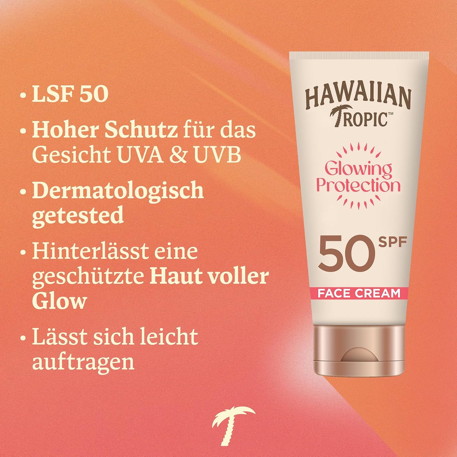 Detalle 2 de Hawaiian Tropic Glowing Protection Gesichts-Sonnenlotion – LSF50, wasserfest, mit Sheabutter und tropischem Duft