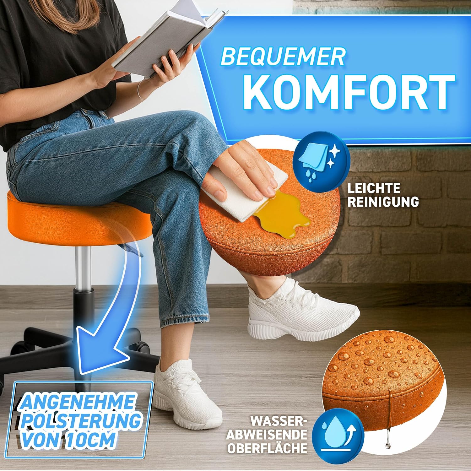 Detalle de TRESKO Rollhocker höhenverstellbar Orange – 360° Drehhocker, bis 150 kg
