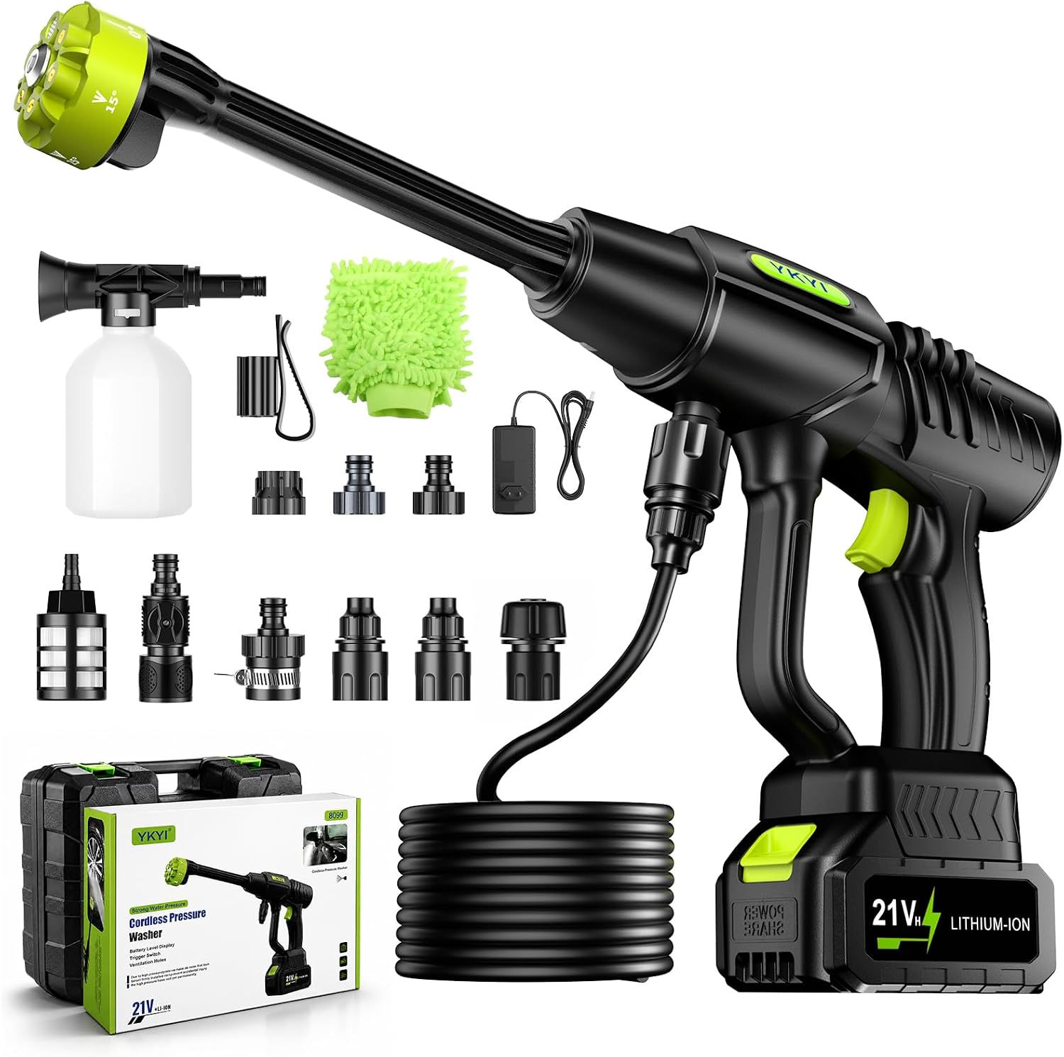 Detalle de YKYI Nettoyeur Haute Pression sans Fil 1200 PSI – 4,0 Ah, 7 m, 6-en-1, portable pour voiture et extérieur