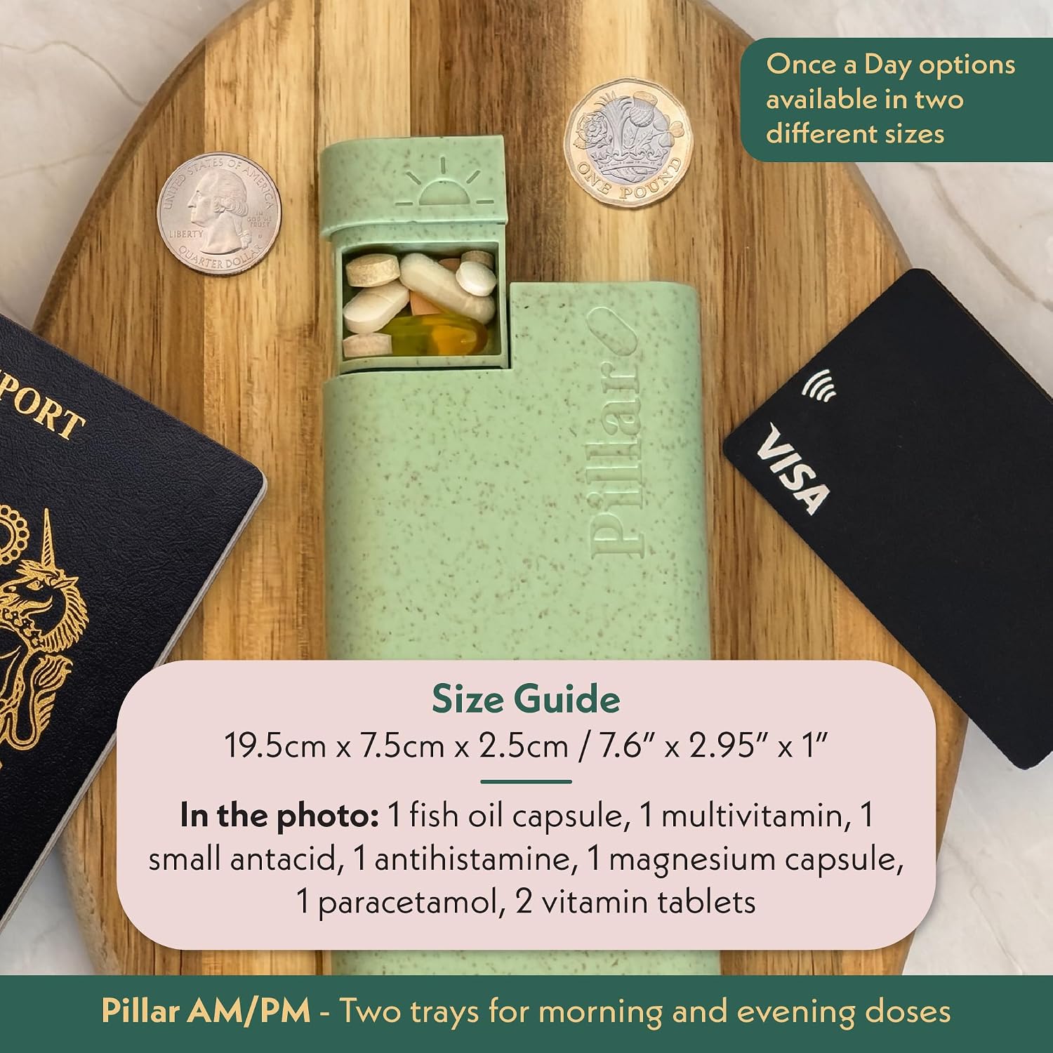 Detalle de Sequence Pillar AM/PM Pill Organiser (Sage Green) – 7 Day, 2 Times a Day Tablet Box
