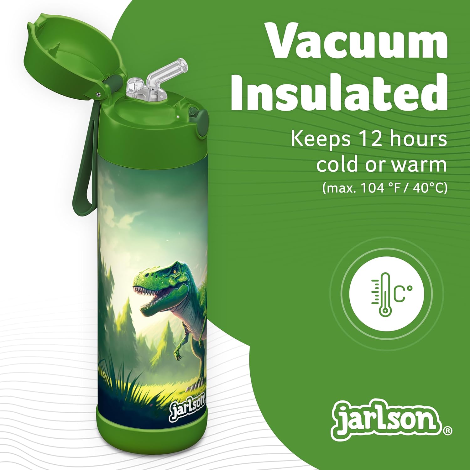 Detalle 2 de Jarlson Borraccia Termica Bambini 500ml CHARLI con Cannuccia – Acciaio Inox 304, Dinosauro