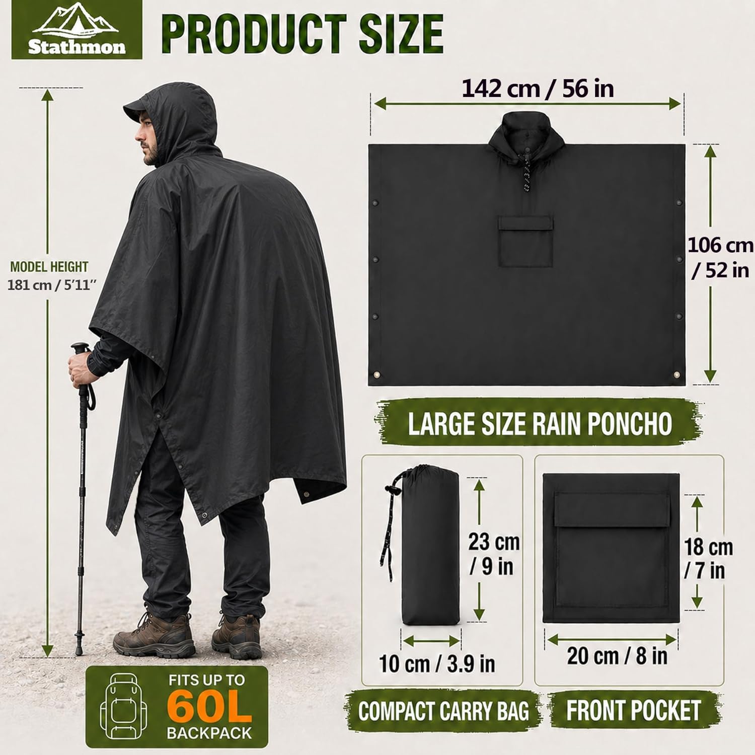 Thumbnail 2 de Stathmon Poncho Waterproof Adult with PU8000mm coating (reusable) – 240T lightweight rain poncho