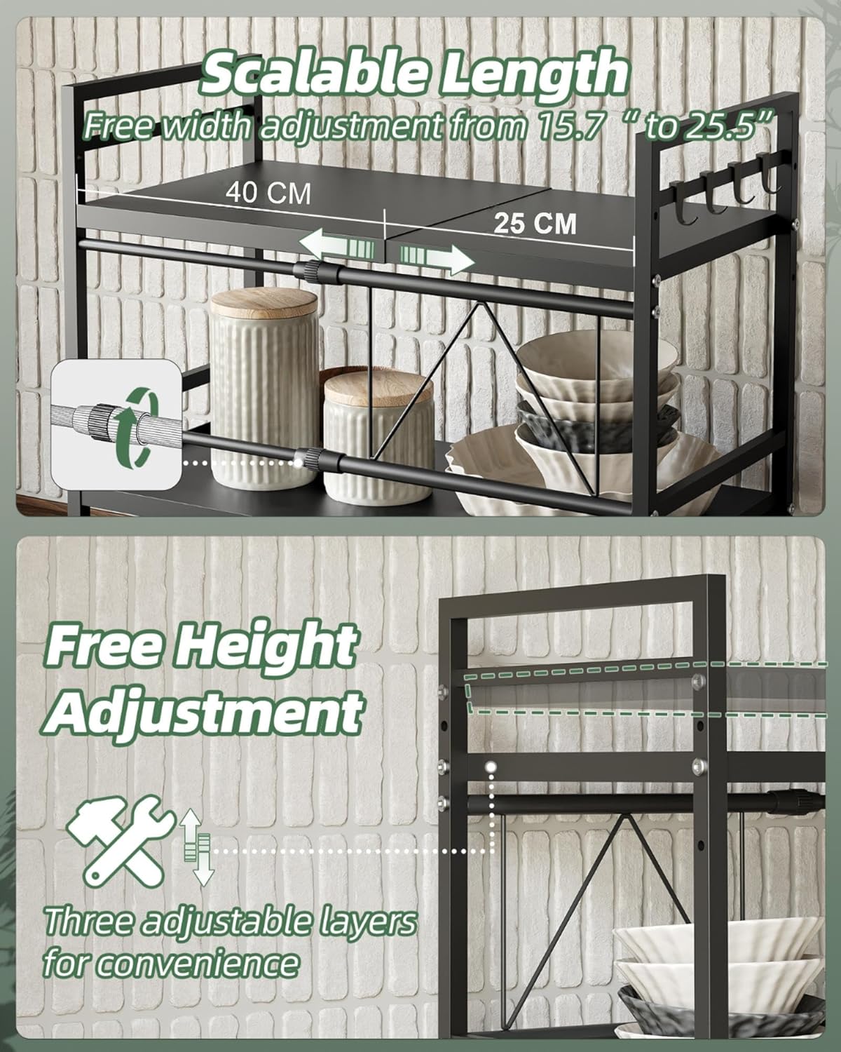 Thumbnail 4 de NETEL Expandable Microwave Shelf (2-Tier Stand) with 8 Hooks for Kitchen Countertop Organisation
