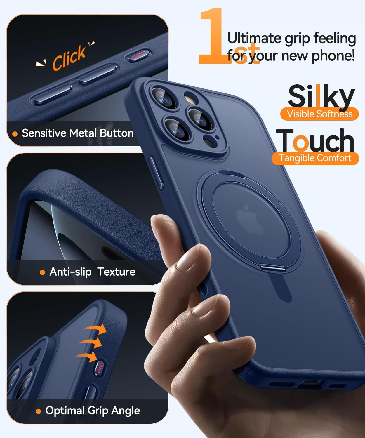 Detalle de CANSHN 360° Ständer für iPhone 16 Pro Max Hülle mit Kameraschutz und MagSafe – matt Dunkelblau