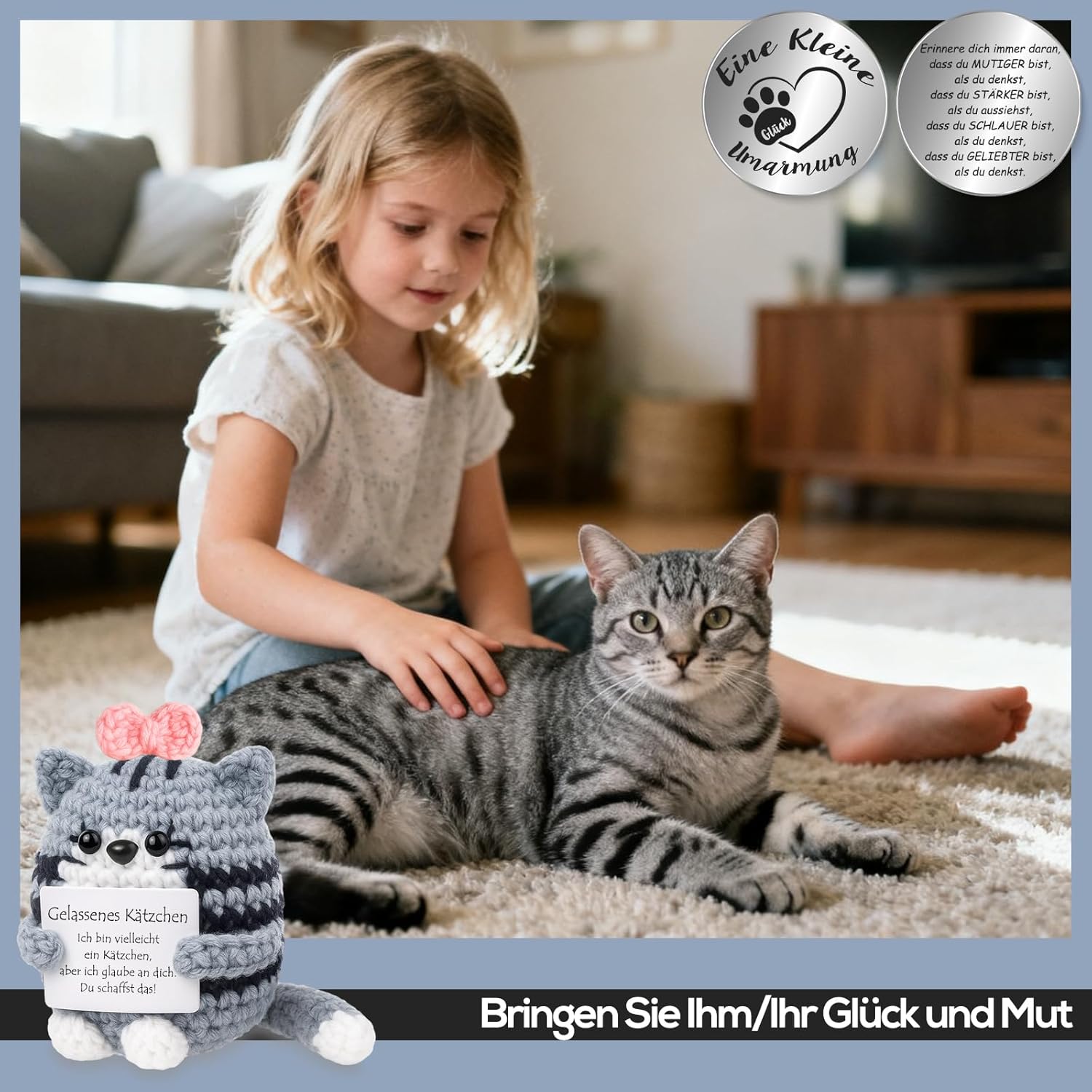 Detalle de Tixlux Pocket Hug Positive Katze – handgefertigte Strick-Katzen Dekofigur mit Glücksbringer für Mitbringsel