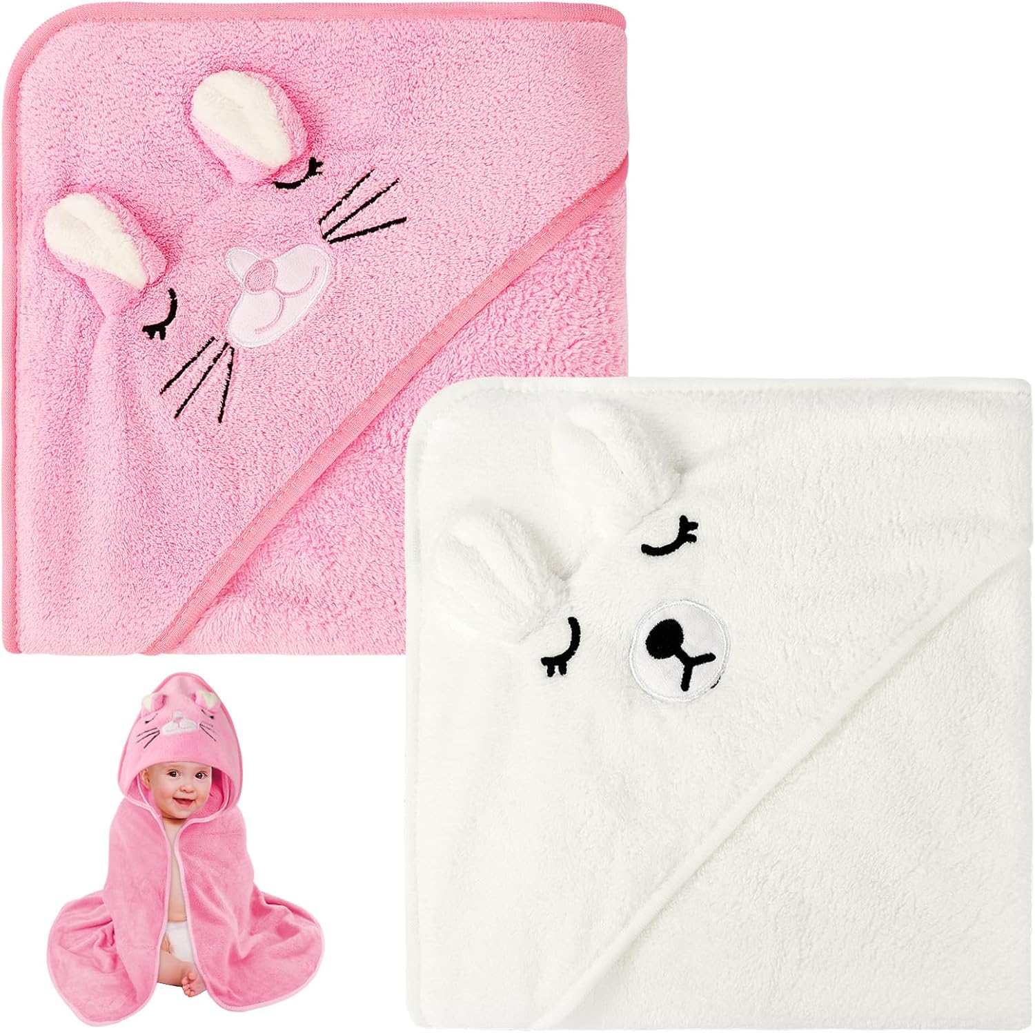 Detalle de Aolso – Set di 2 asciugamani con cappuccio 80x80 cm per neonati e bambini (0–3 anni) bianco/rosa