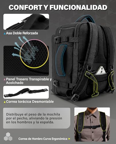 Detalle 2 de Mochila VANKEV de cabina extensible 24–30 L: 40x30x20 cm, apta para Vueling, Ryanair, EasyJet y más