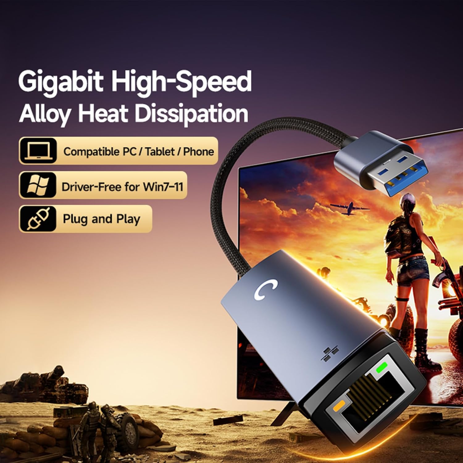 Detalle 2 de DiamondTiger USB-C to Ethernet Adapter: 1000Mbps Gigabit LAN for Thunderbolt 4/3 Macs & More