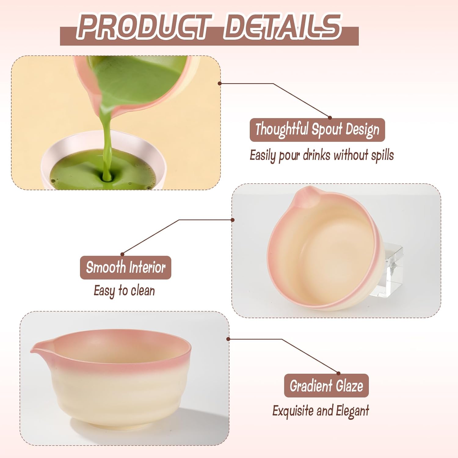 Detalle de Japanisches Matcha Tee Set in Rosa (5-teilig) mit Bambustablett, Besen und Schale