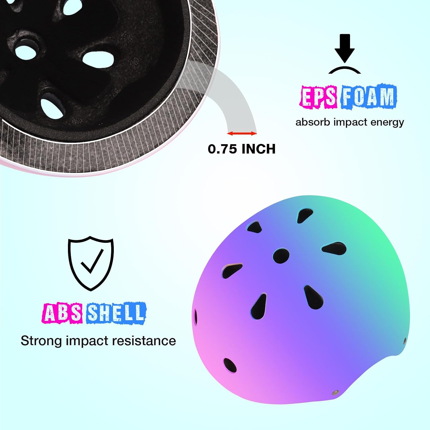 Detalle de Color Gradient Adjustable Kids Bike Helmet with Knee & Elbow Pads 7-in-1 Protective Gear Set