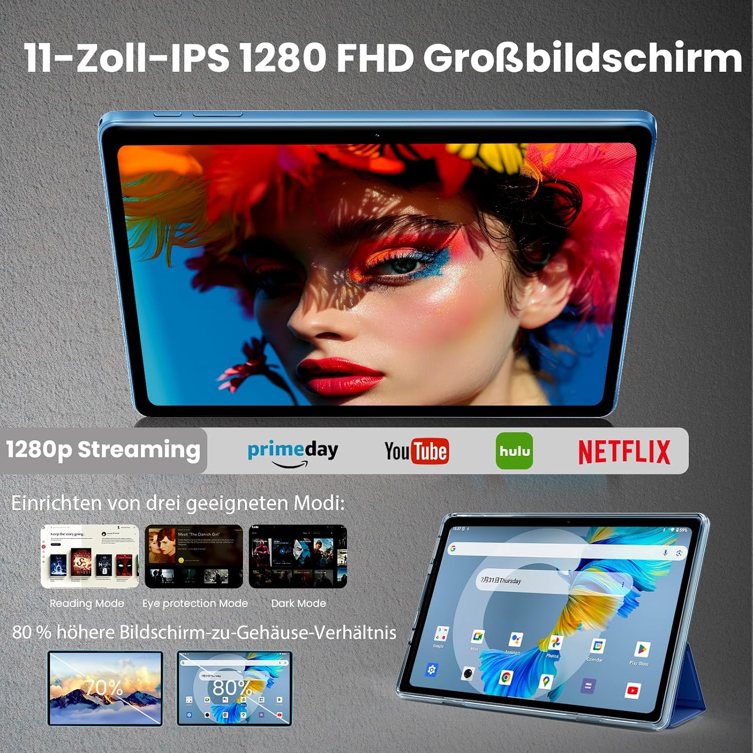Thumbnail 2 de TUOHAITIME Android 16 Tablet – 11" Bundle mit Tastaturhülle, Eingabestift & Speichererweiterung (Blau)