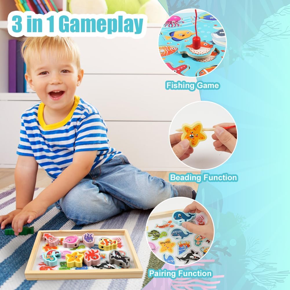 Thumbnail 3 de Vicloon Zeeleven magnetisch visspel van hout, 3-in-1 met kleur- en vormspel
