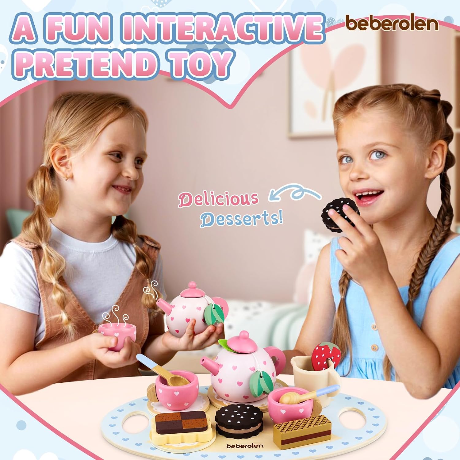 Detalle de Beberolen Sweetheart Tea Party Set – teservis i trä med tekanna och tillbehör