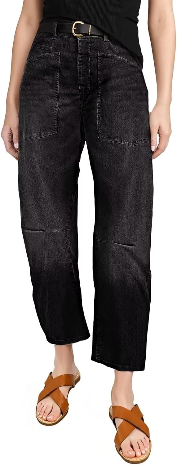 Detalle de EVALESS Barrel-Leg Jeans for Women, High-Rise Stretch, Relaxed Fit