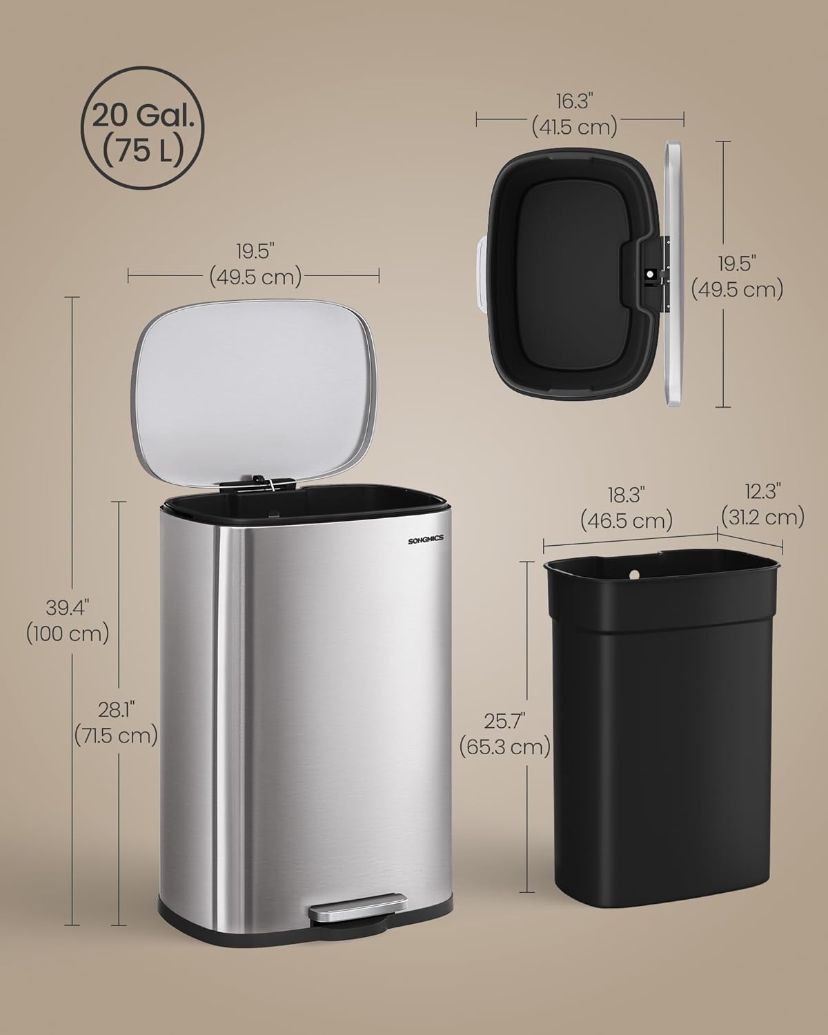 Thumbnail 5 de SONGMICS ULTB075EZ01 20-Gallon Stainless Steel Step-On Trash Can