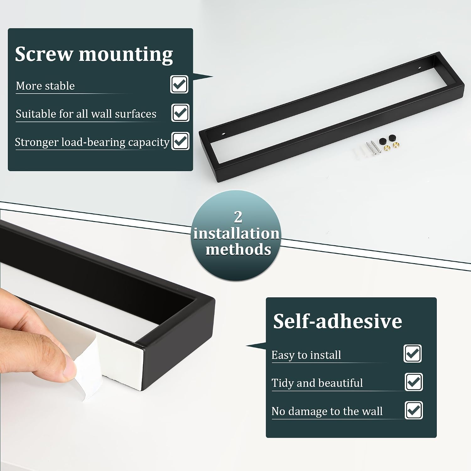 Detalle de SAYAYO Hand Towel Holder Wall Mounted Black Towel Rail (40cm) in SUS304 Stainless Steel