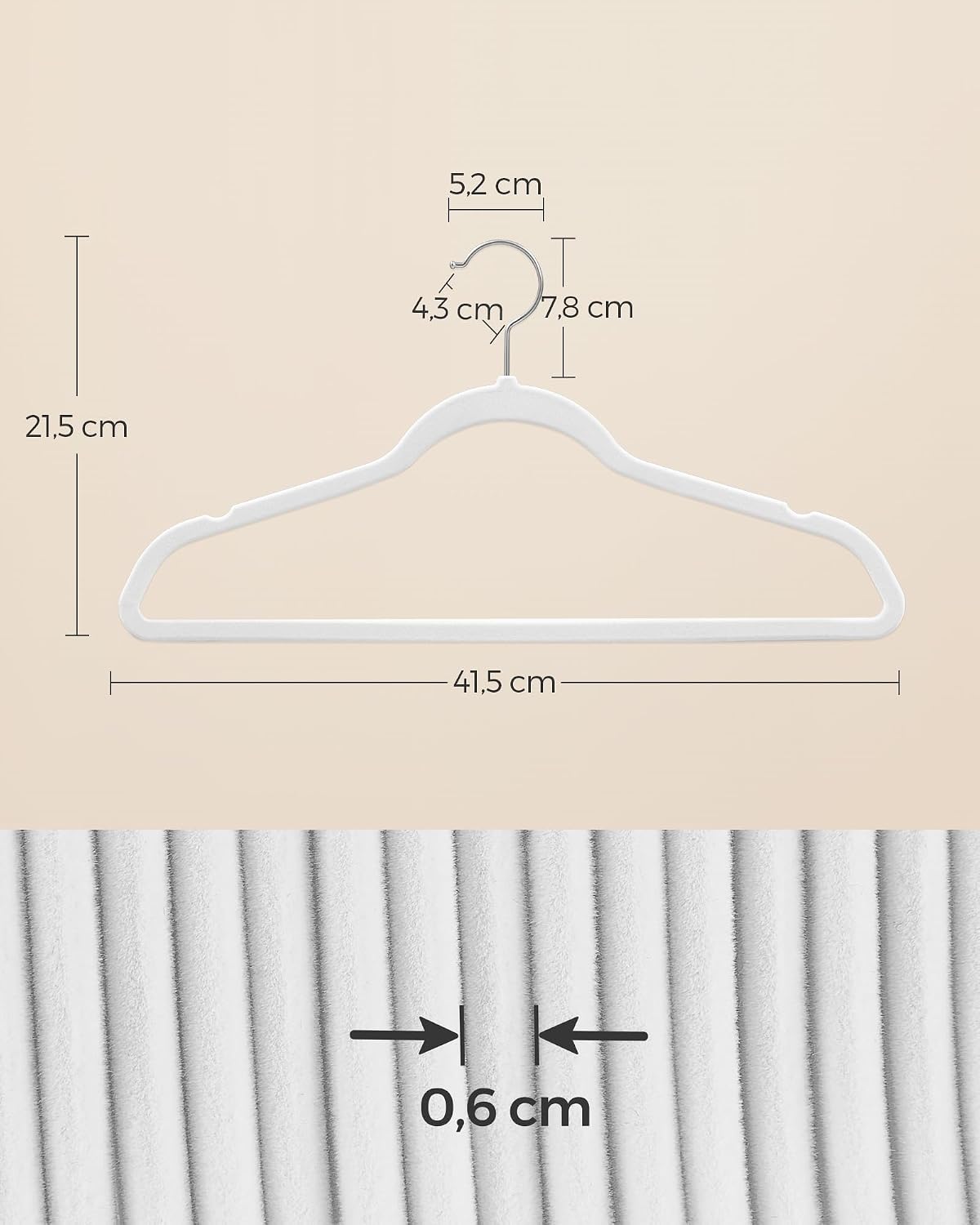 Thumbnail 3 de SONGMICS CRF026W20 – Lot de 20 cintres en velours adulte avec crochets pivotants 360° (argent et blanc) 41,5 cm