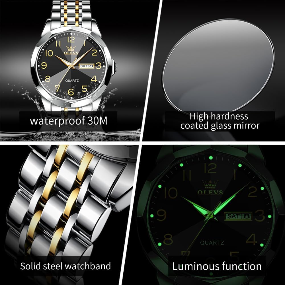 Detalle 2 de Montre homme OLEVS quartz digital avec index « diamants », acier inoxydable 316L, étanche 30 m