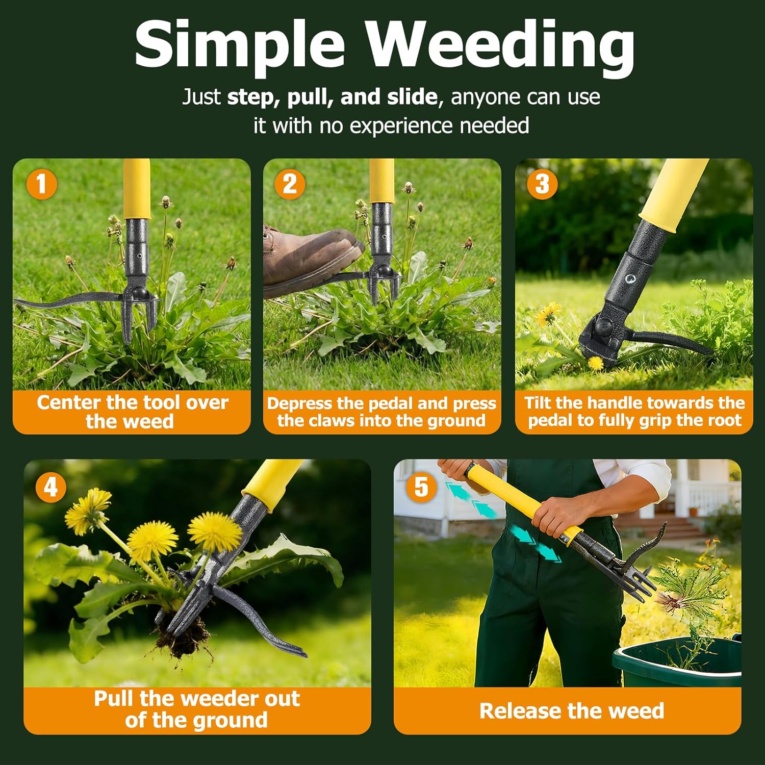 Thumbnail 6 de Slide-Release Stand Up Weed Puller Tool with Reinforced Steel Weeder and 3-Section Long Handle