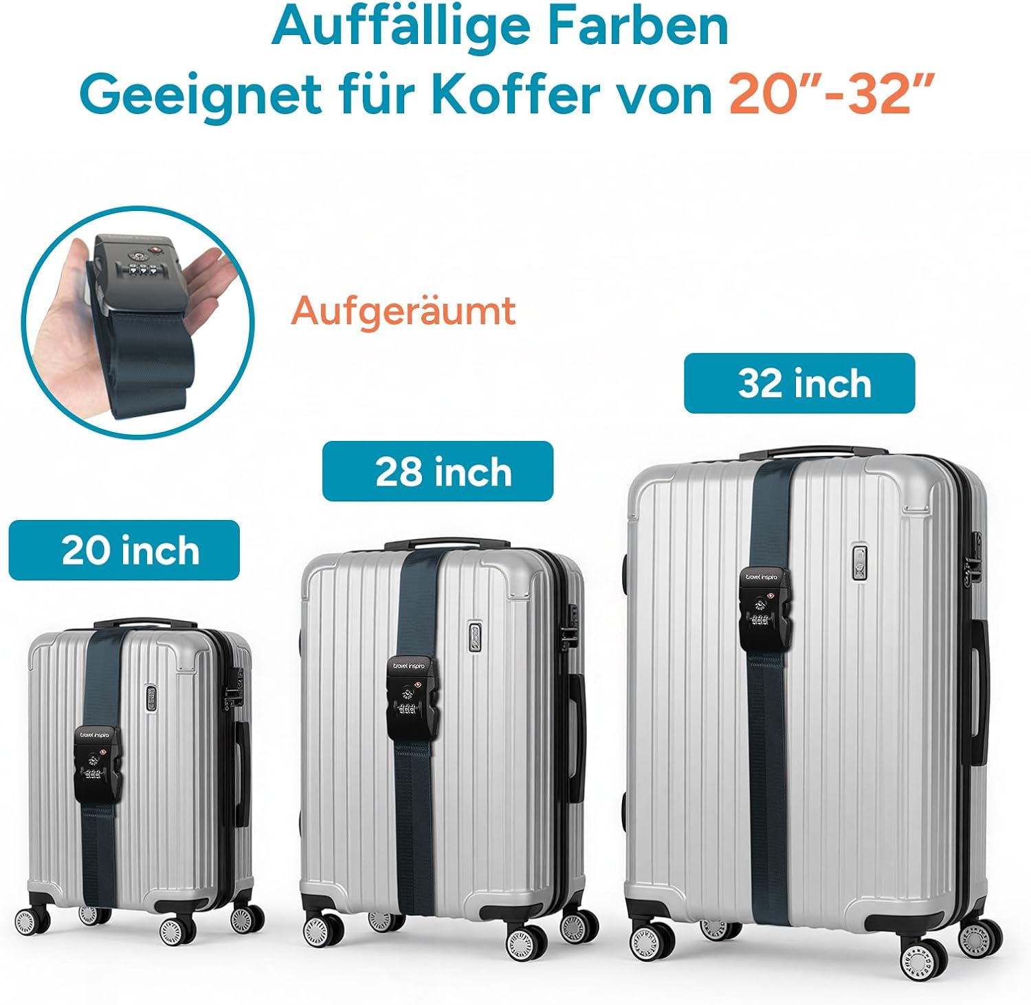 Detalle de travel inspira TSA-Koffergurt mit Zahlenschloss, verstellbar bis 200 cm (für 20–32" Koffer), dunkelblau