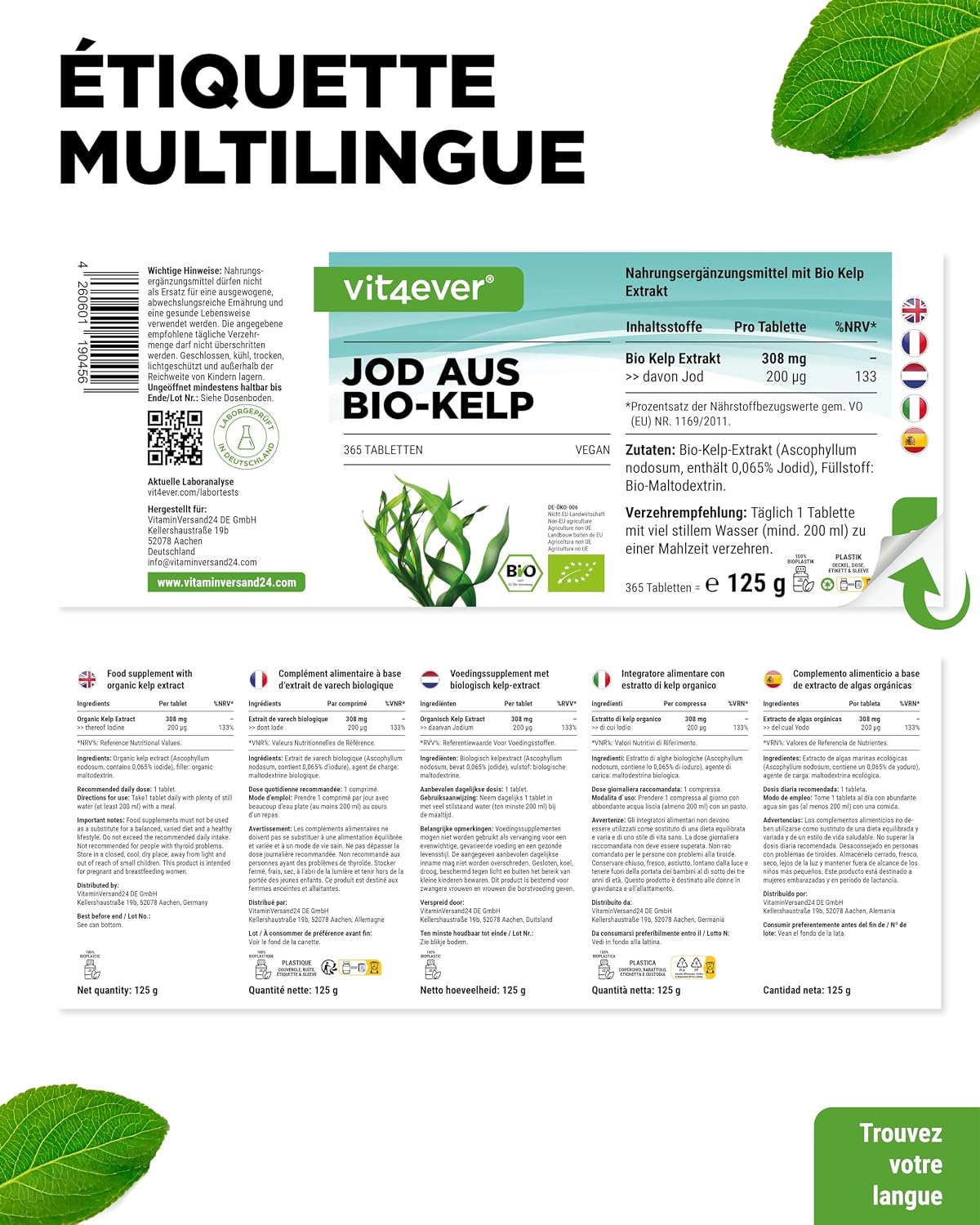 Thumbnail 5 de Kelp Bio (Iode Naturel) – Complément alimentaire vegan, 365 comprimés dosés à 200 µg d’iode