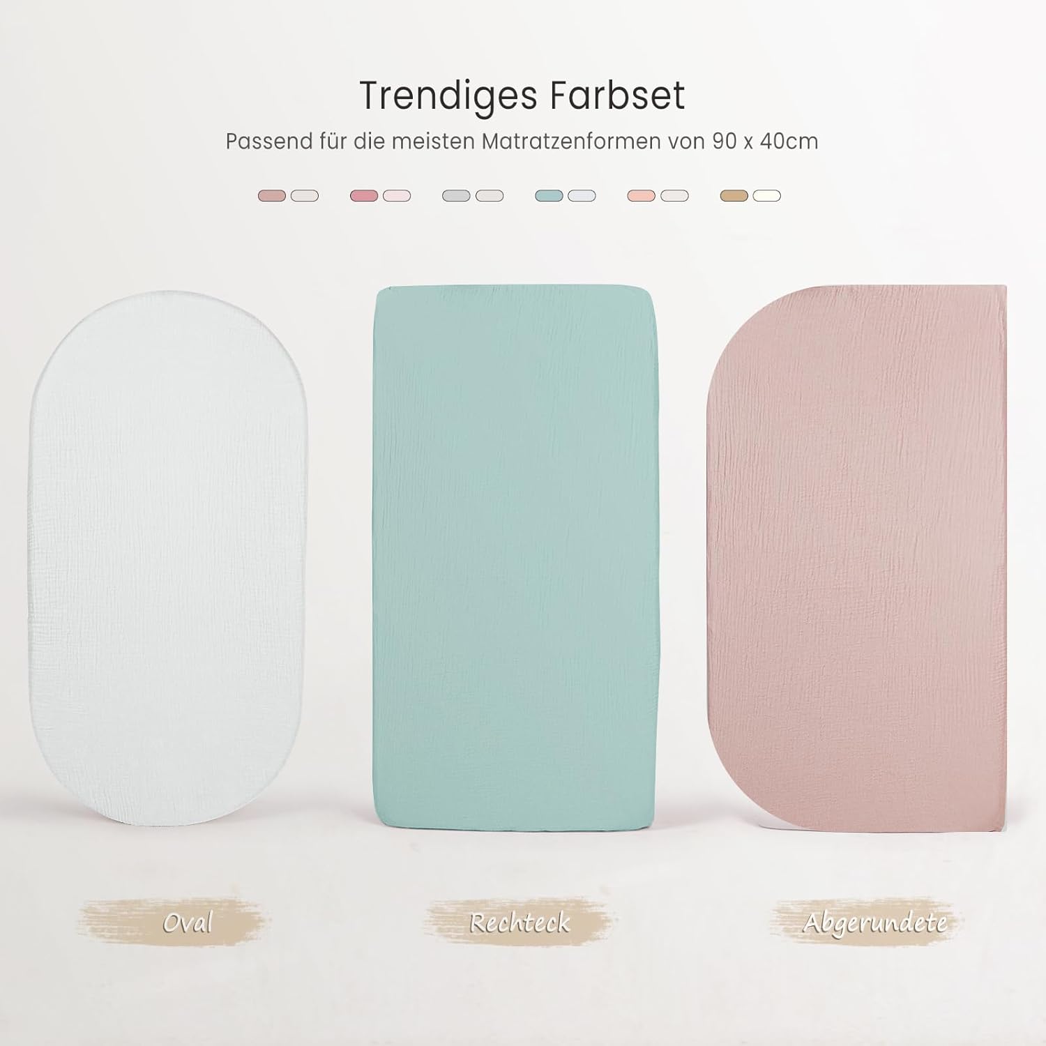 Thumbnail 3 de lulumoon Musselin-Baumwolle Spannbettlaken 2er-Set für Stubenwagen, Kinderwagen & Beistellbett (35x75, 41x81, 40x90 cm) – Grau Grün