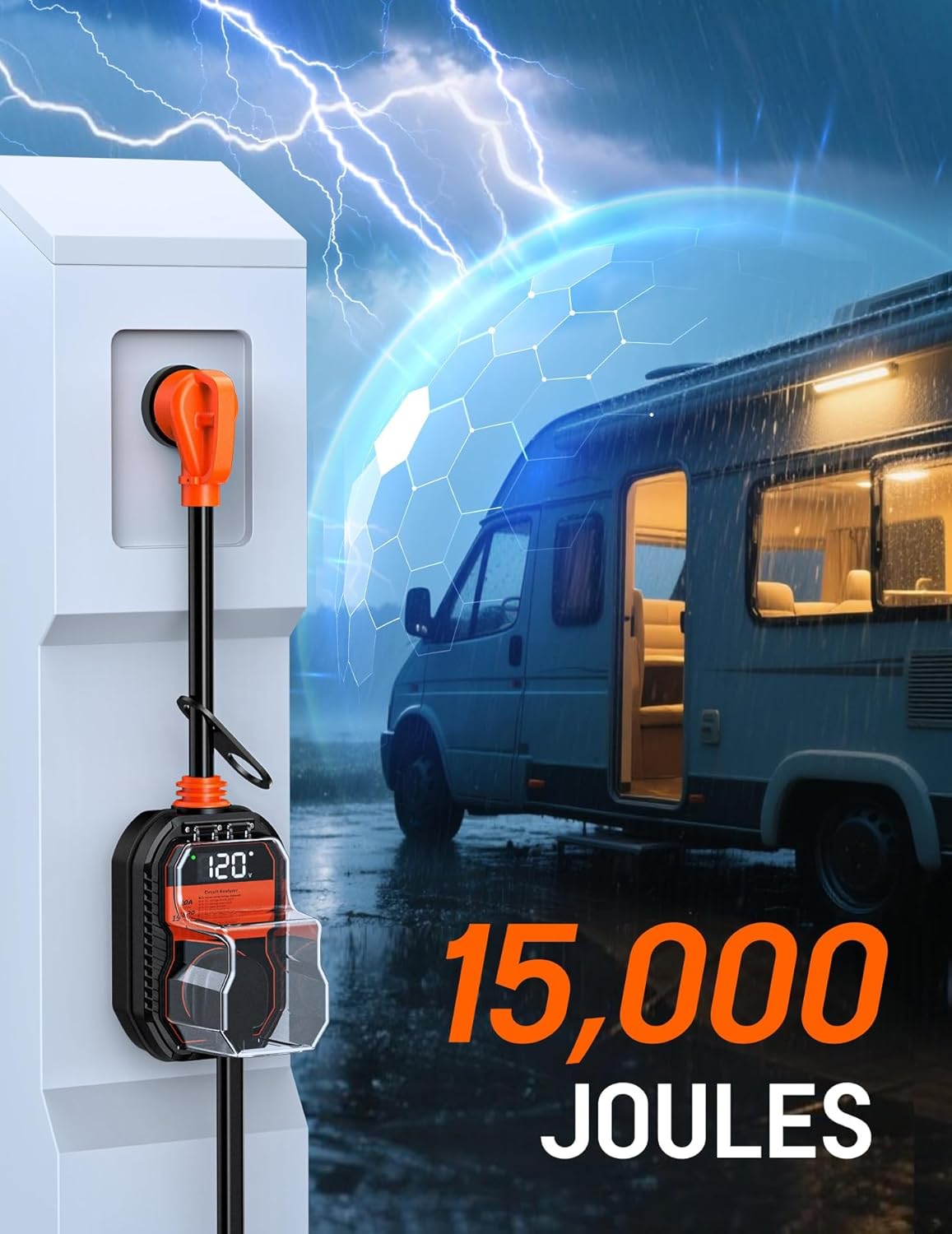 Thumbnail 1 de TOWTAMER 15,000J 30 Amp RV Surge Protector with LED Voltage Display & IP68 Waterproof Cover